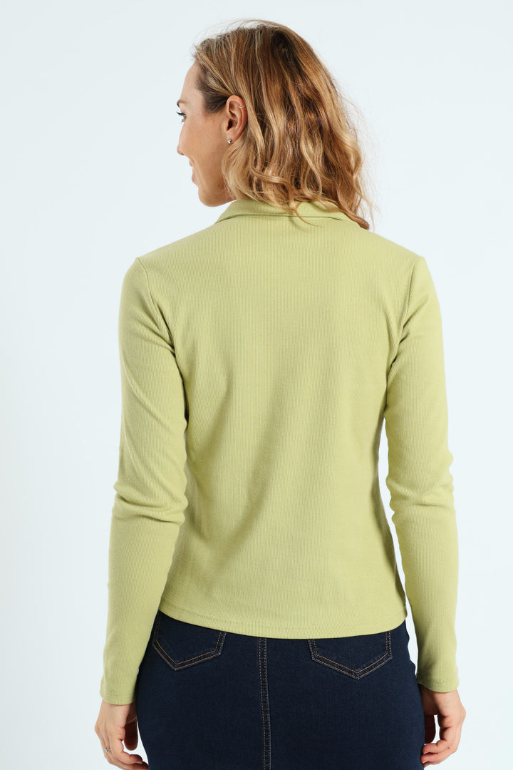 Long Sleeve Collar Button Through Rib Tee - Matcha