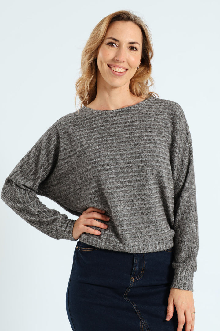 Long Sleeve Dolman Sleeve Ribbed Top - Grey Melange