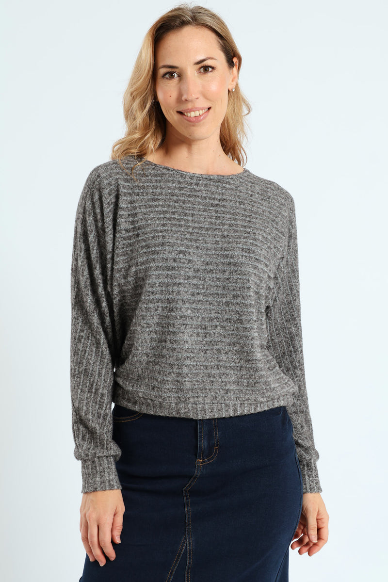 Long Sleeve Dolman Sleeve Ribbed Top - Grey Melange