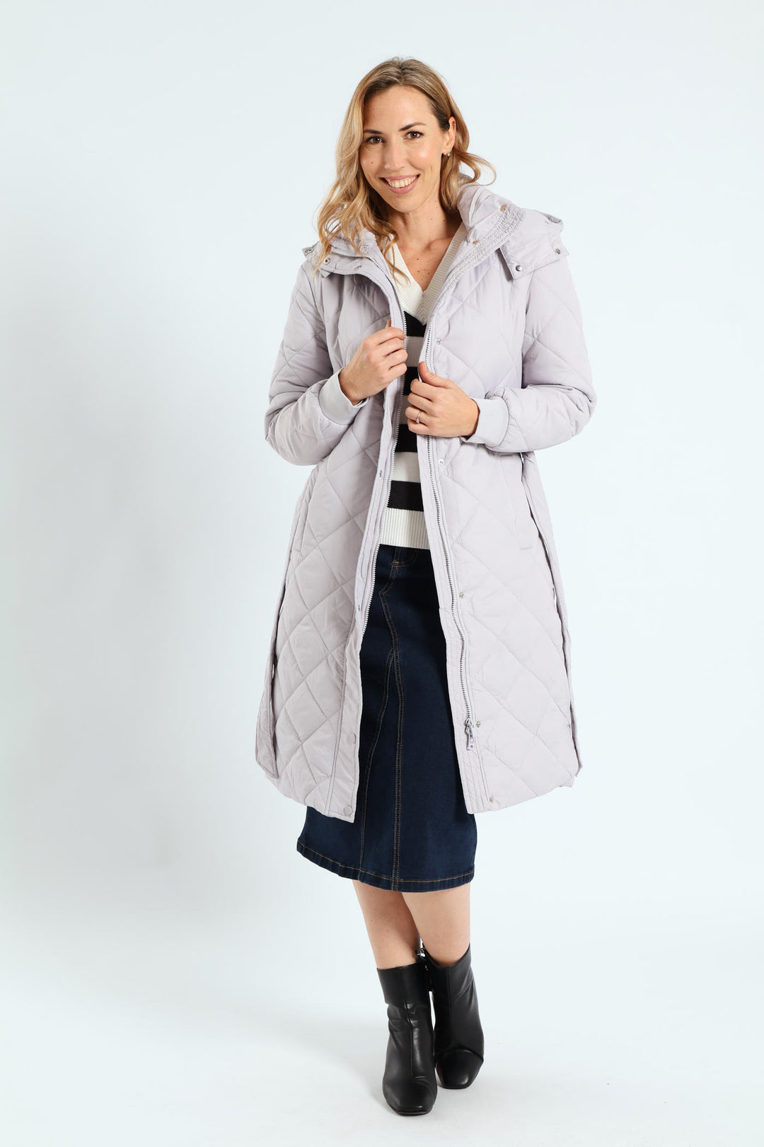 Long Length Tonal Zip Quilted Puffer Jacket - Silver Grey