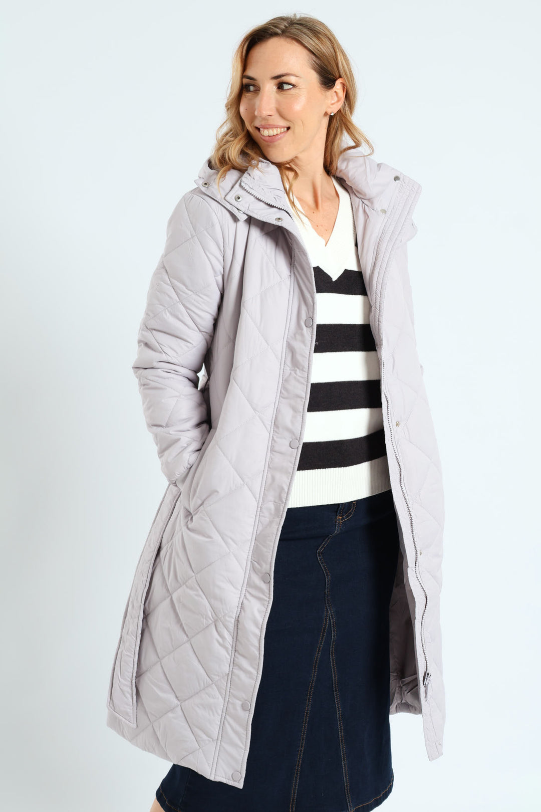 Long Length Tonal Zip Quilted Puffer Jacket - Silver Grey