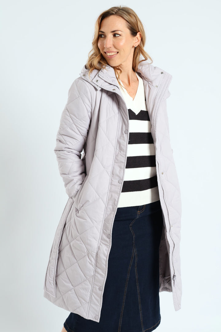 Long Length Tonal Zip Quilted Puffer Jacket - Silver Grey