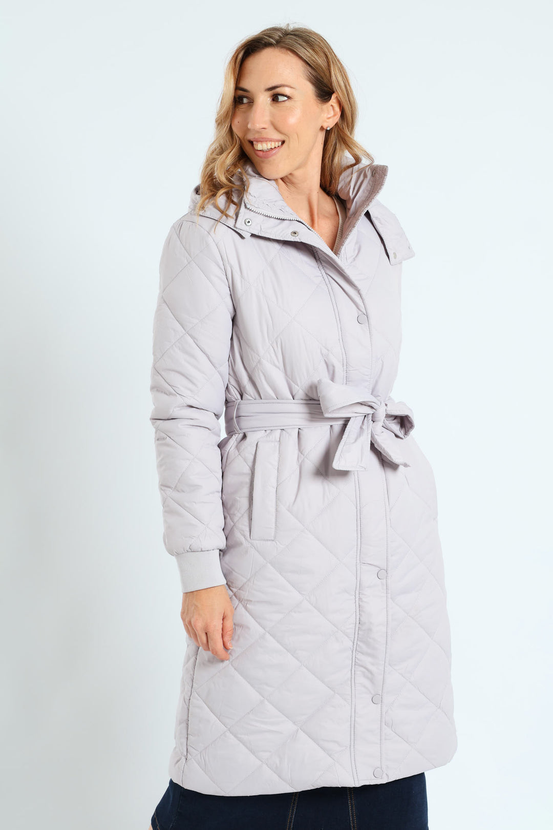Long Length Tonal Zip Quilted Puffer Jacket - Silver Grey