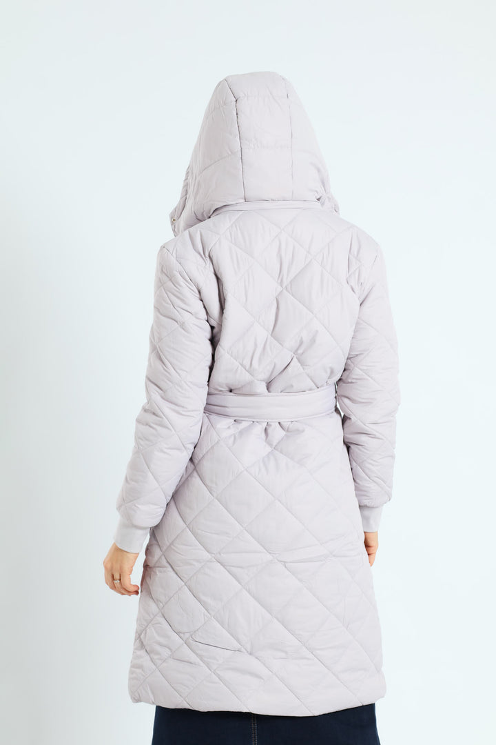 Long Length Tonal Zip Quilted Puffer Jacket - Silver Grey