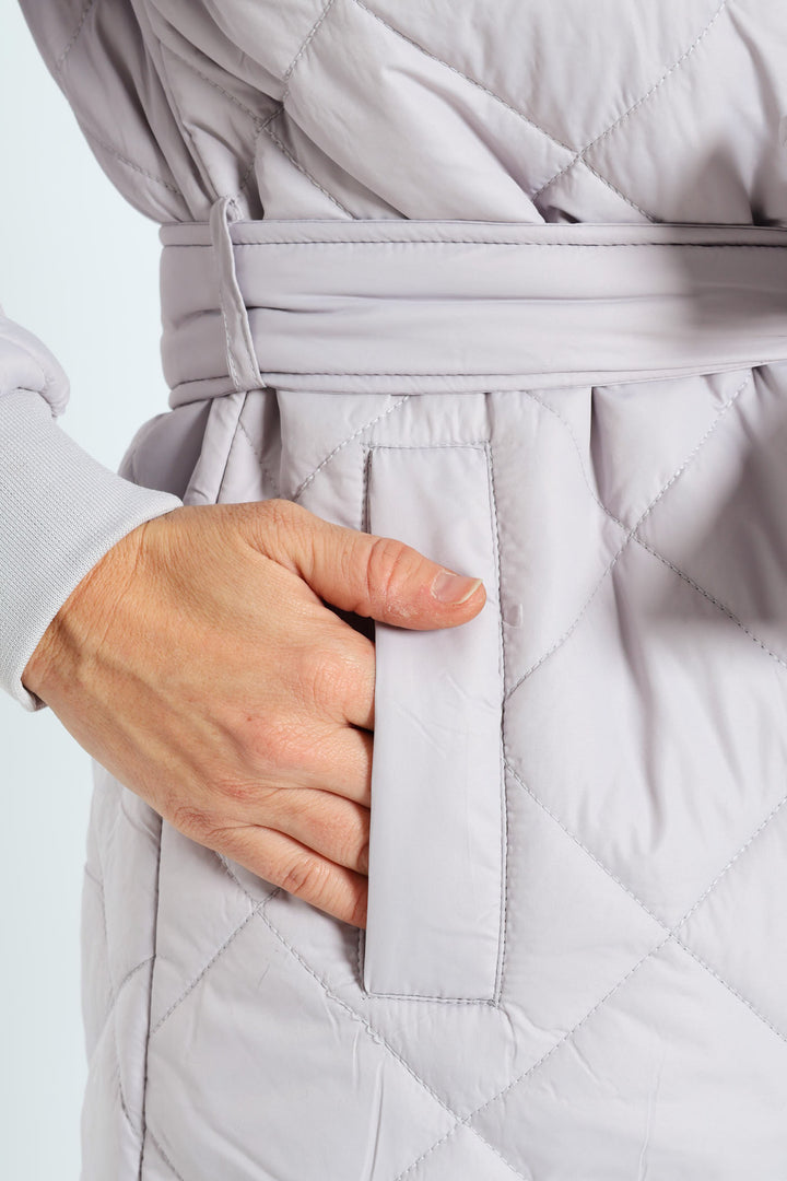 Long Length Tonal Zip Quilted Puffer Jacket - Silver Grey