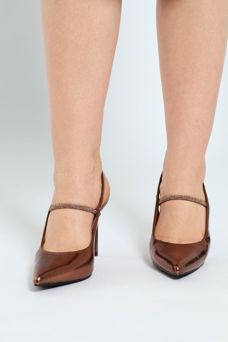Diamante Pointy Stiletto Slingback Heel - Rose Gold