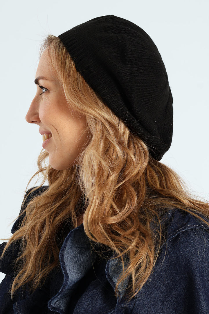 Embellished Knitted Beret - Black
