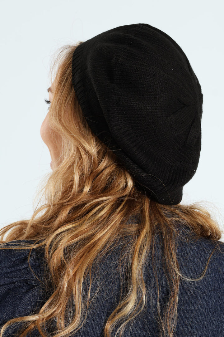 Embellished Knitted Beret - Black