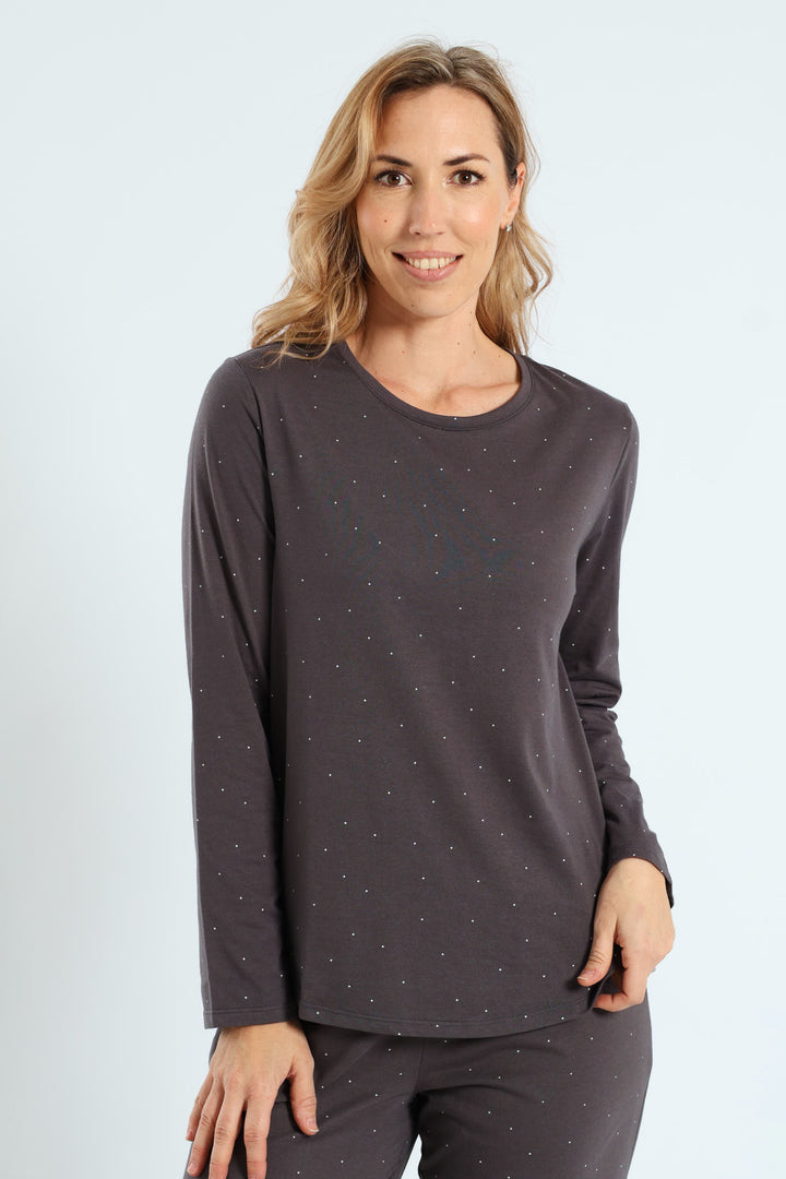 Long Sleeve Micro Spot Knit Tee - Charcoal