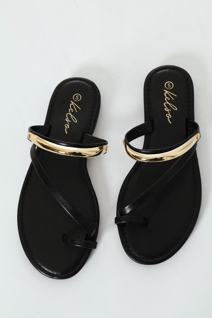 Metal Bar Detail Toe Post Sandal - Black
