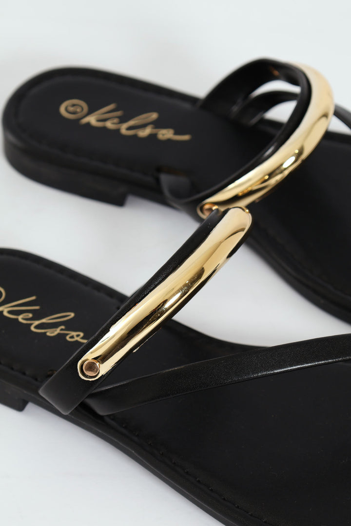 Metal Bar Detail Toe Post Sandal - Black