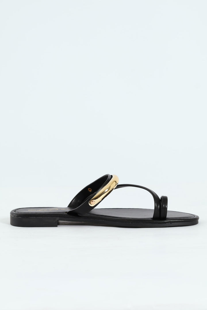 Metal Bar Detail Toe Post Sandal - Black