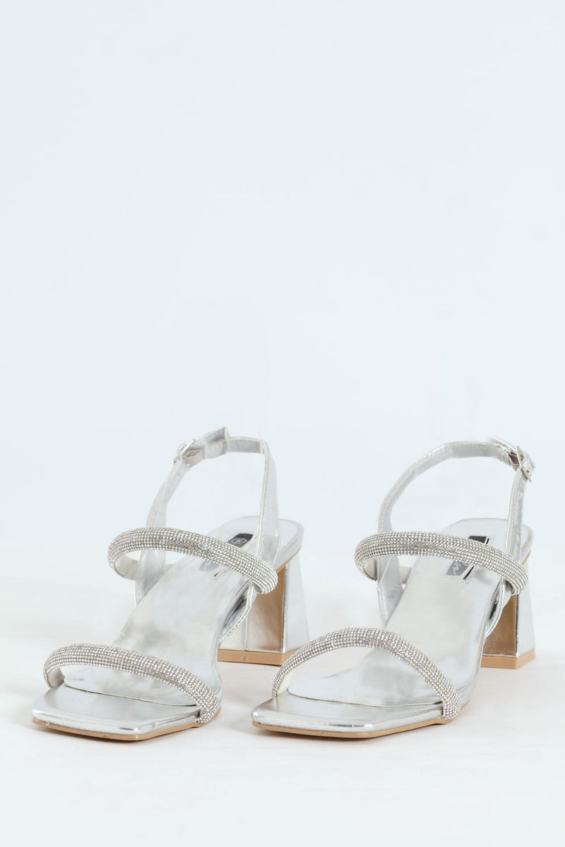 Double Diamante Strap On Block Heel - Silver