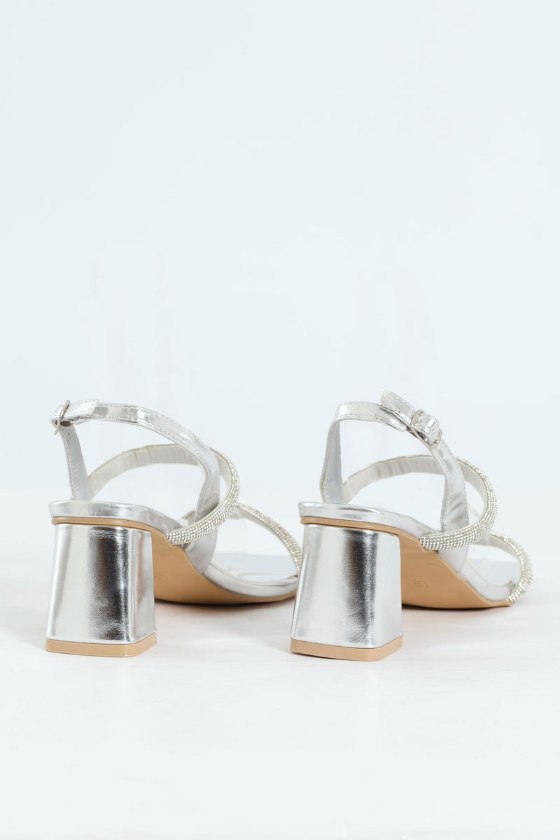 Double Diamante Strap On Block Heel - Silver
