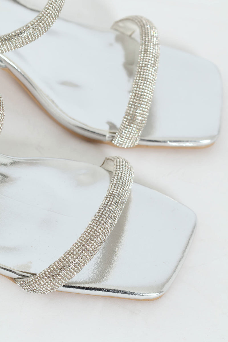 Double Diamante Strap On Block Heel - Silver
