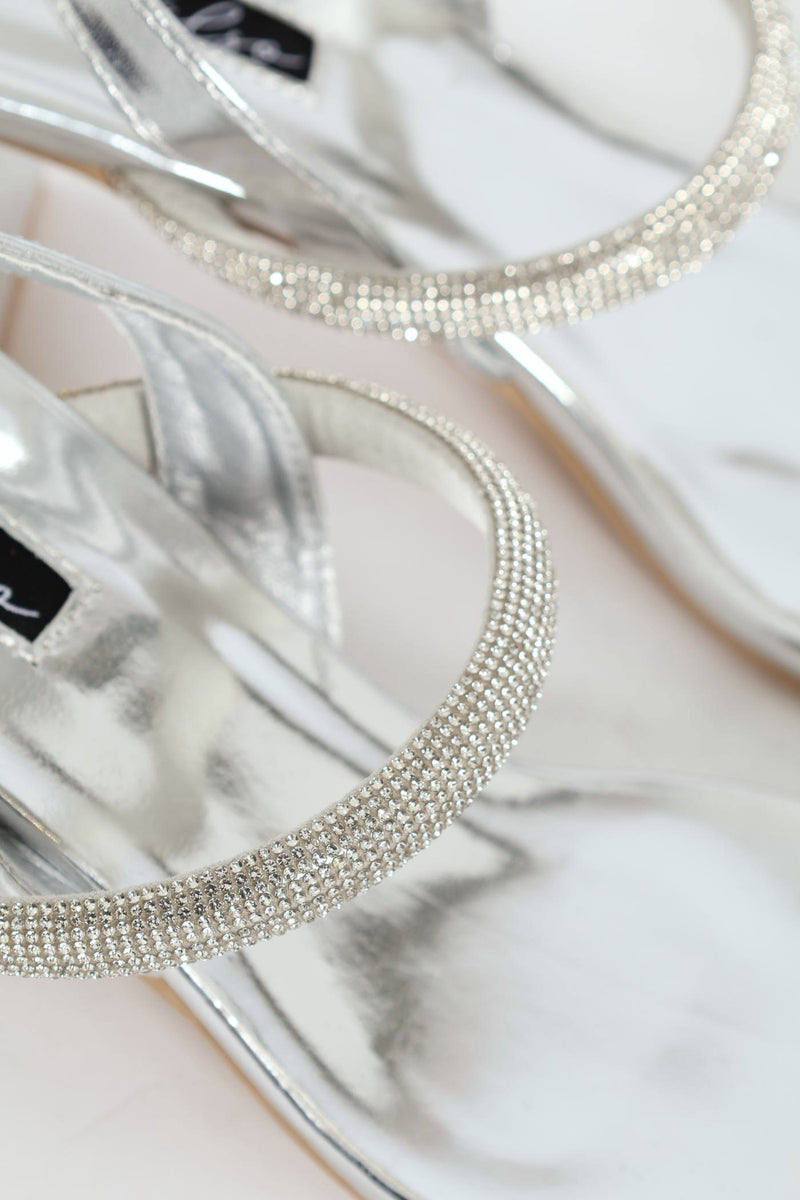Double Diamante Strap On Block Heel - Silver