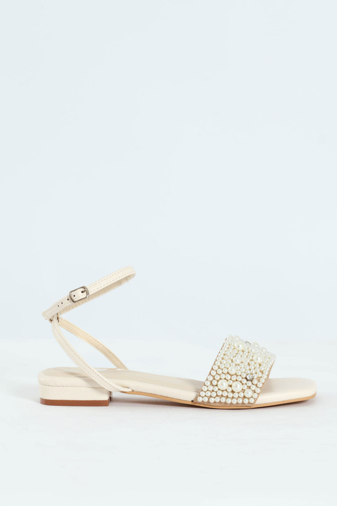 Pearl Detail Low Block Heel Sandal - White