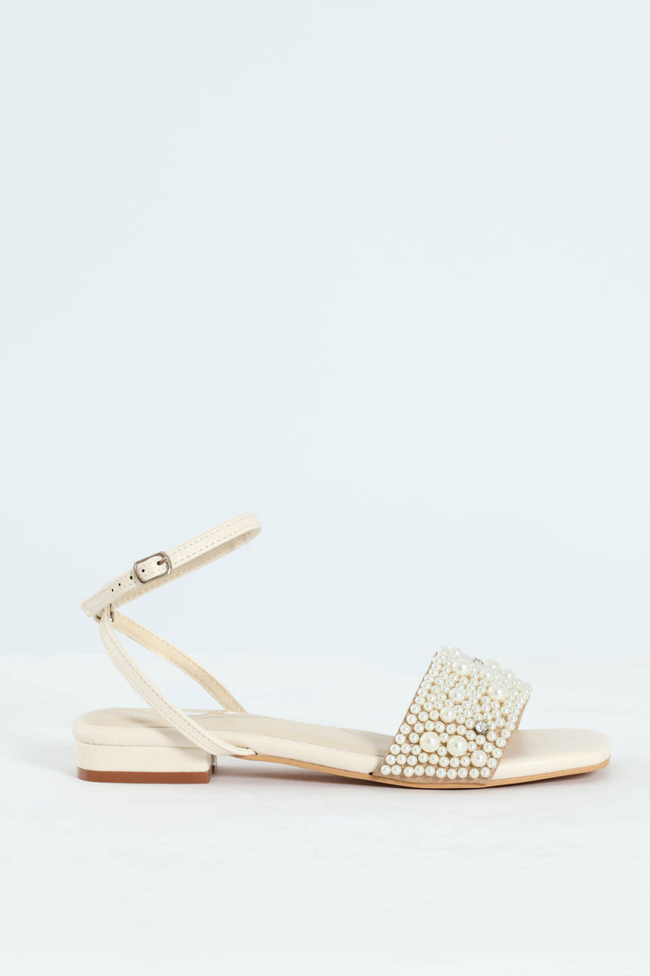 Pearl Detail Low Block Heel Sandal - White