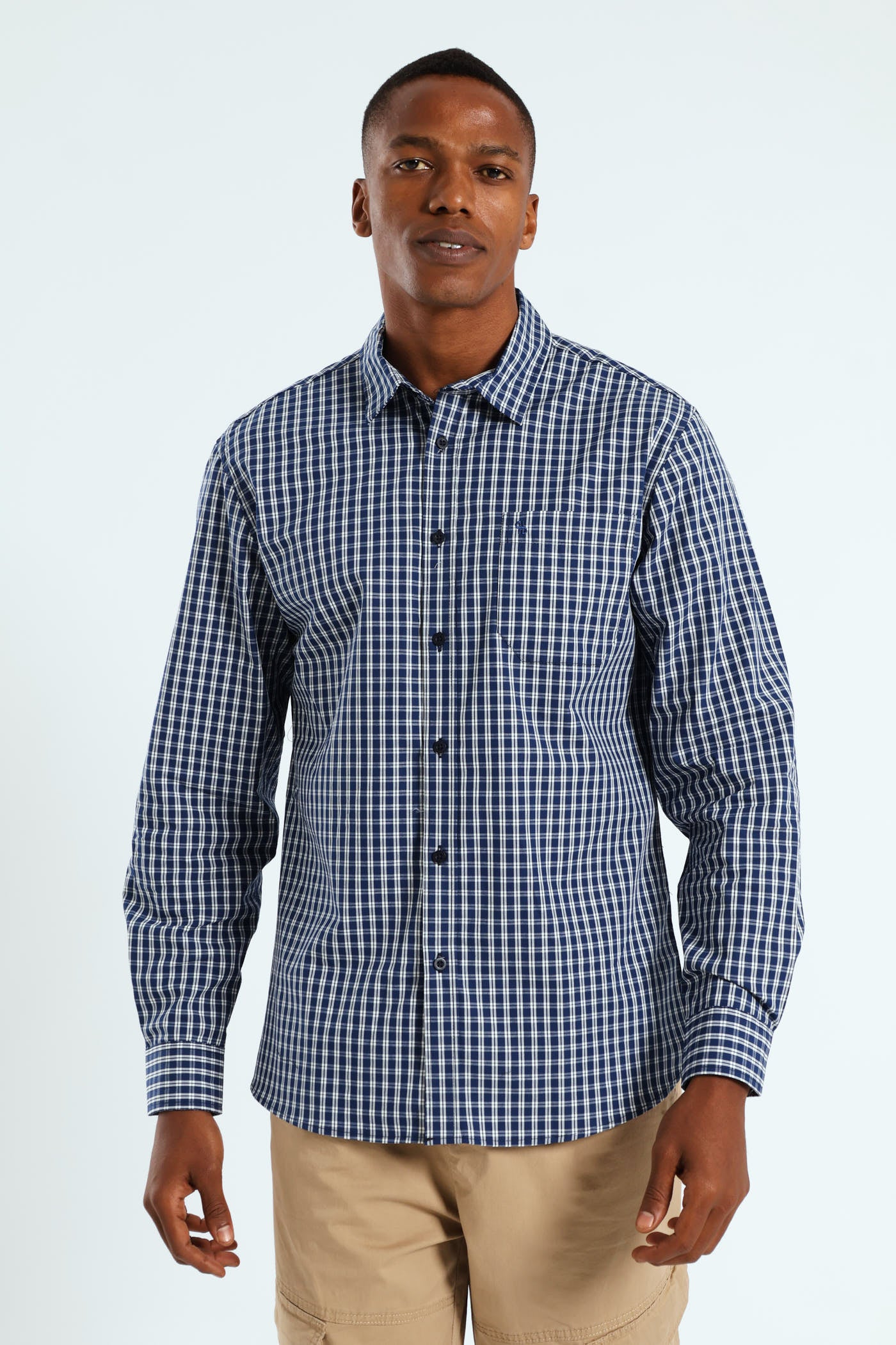 Mens Long Sleeve Check Shirt - Navy/White – Edgars