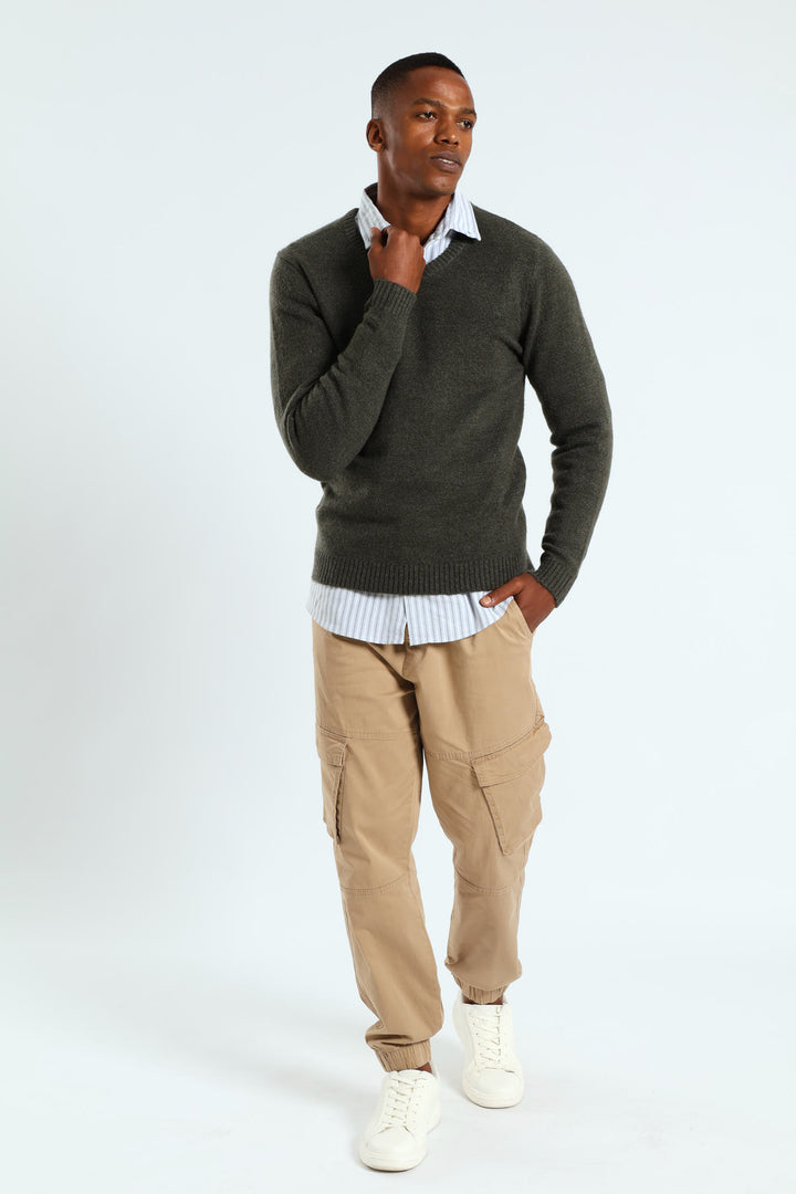 Plain V-Neck Knitwear - Fatigue