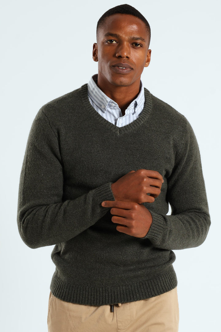 Plain V-Neck Knitwear - Fatigue