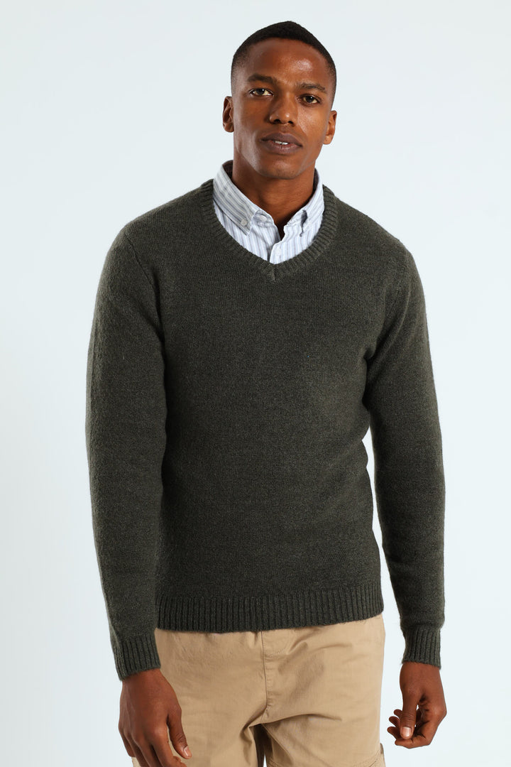 Plain V-Neck Knitwear - Fatigue