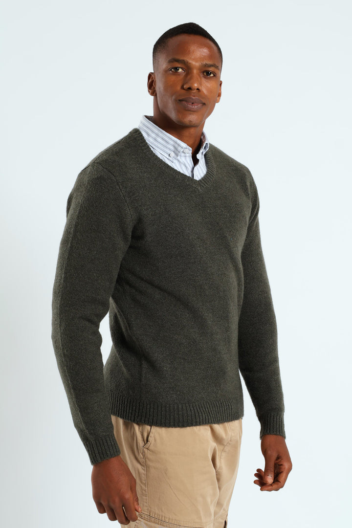 Plain V-Neck Knitwear - Fatigue
