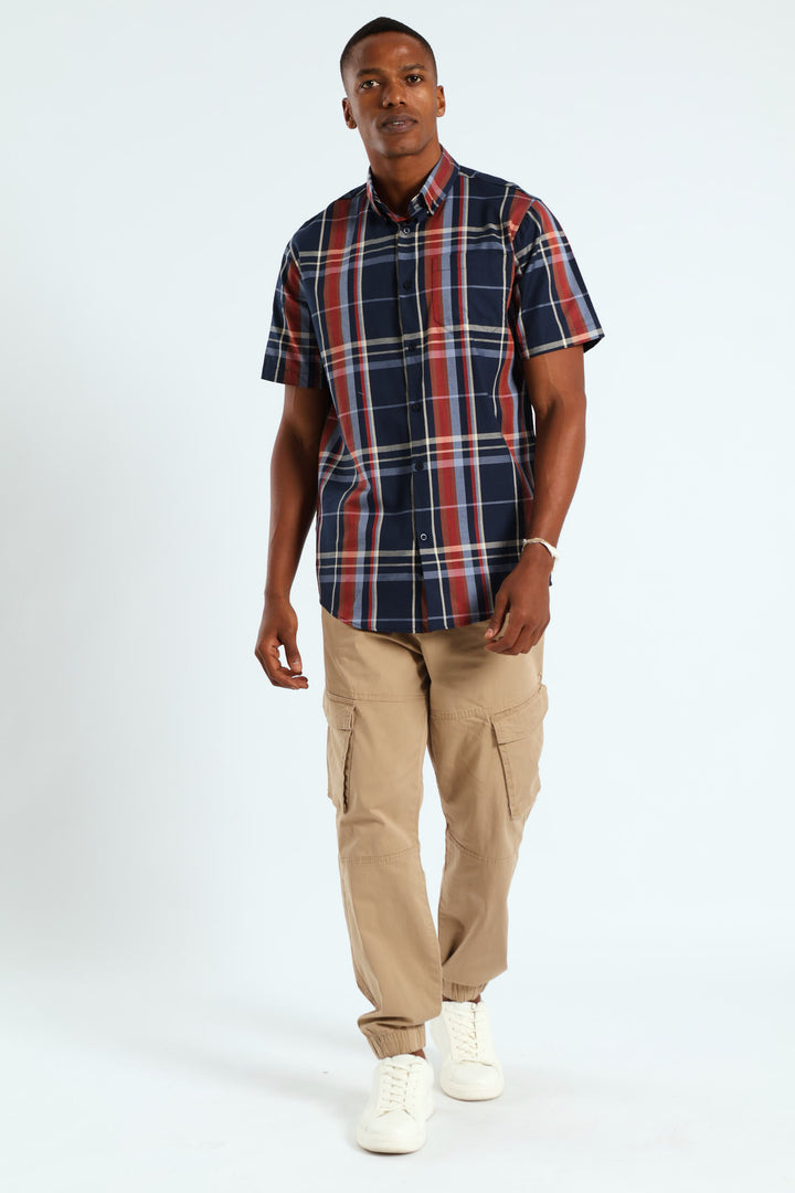 Windowpane Check Shirt - Navy/Steel Blue/Dark Red
