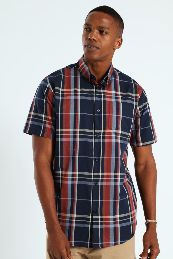 Windowpane Check Shirt - Navy/Steel Blue/Dark Red