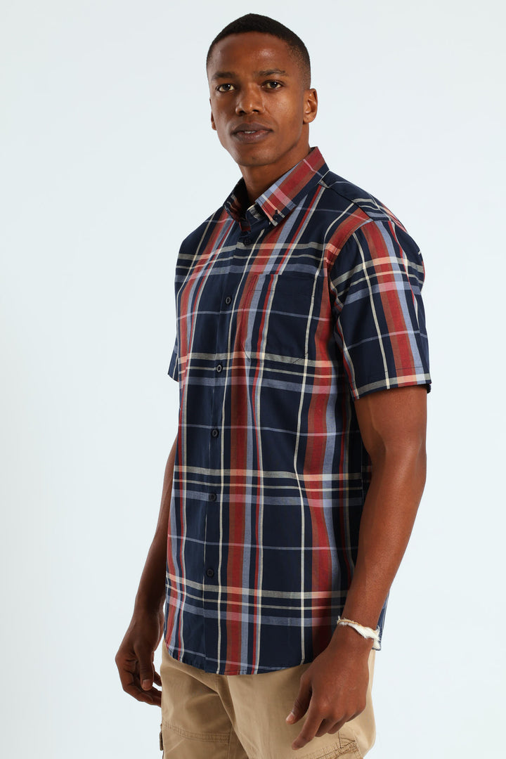 Windowpane Check Shirt - Navy/Steel Blue/Dark Red