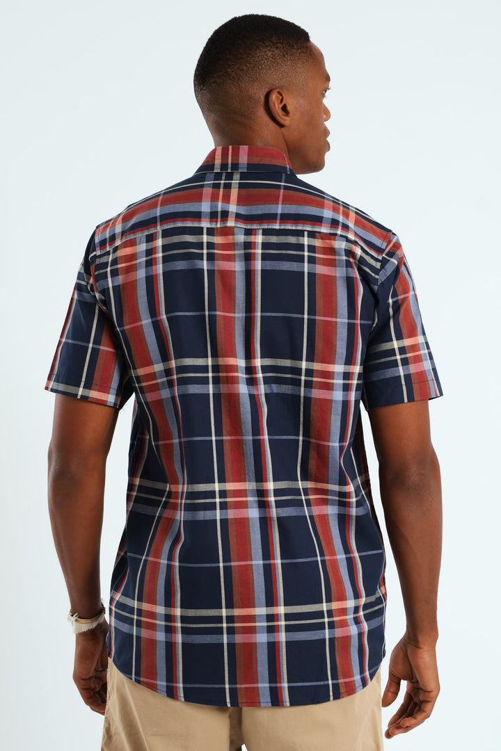 Windowpane Check Shirt - Navy/Steel Blue/Dark Red