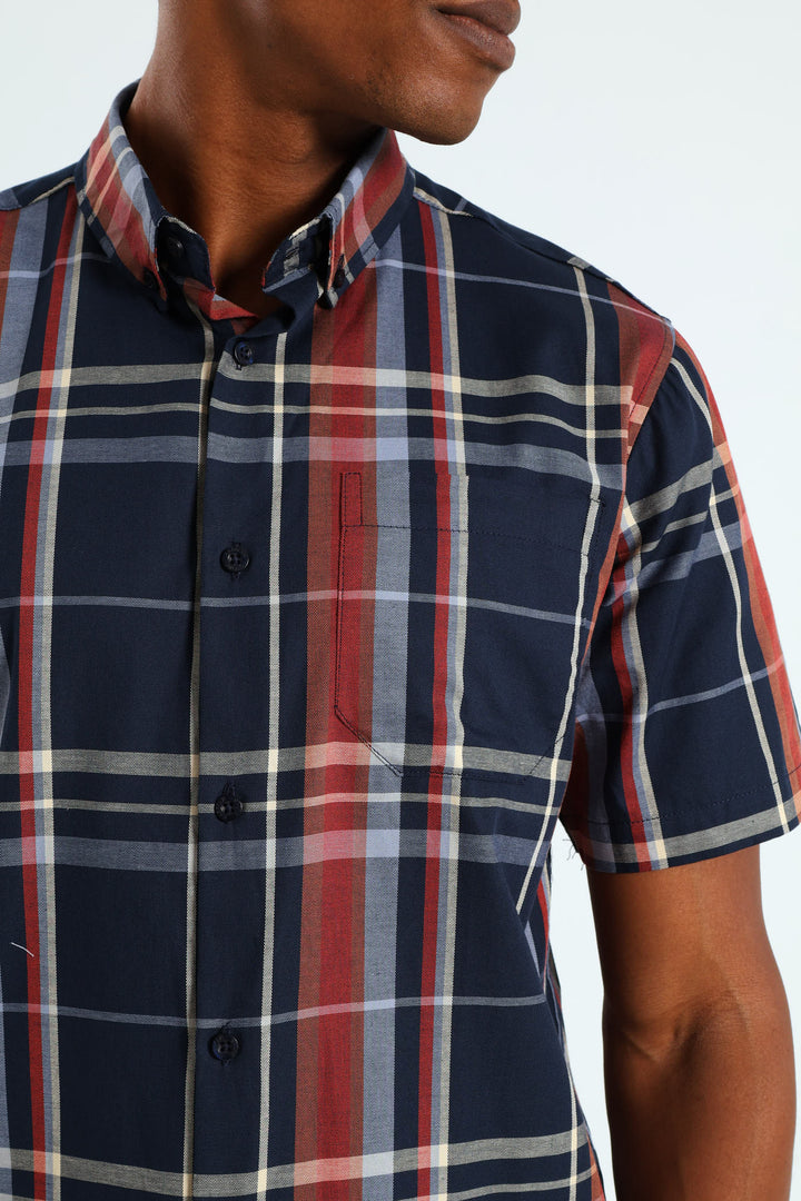 Windowpane Check Shirt - Navy/Steel Blue/Dark Red