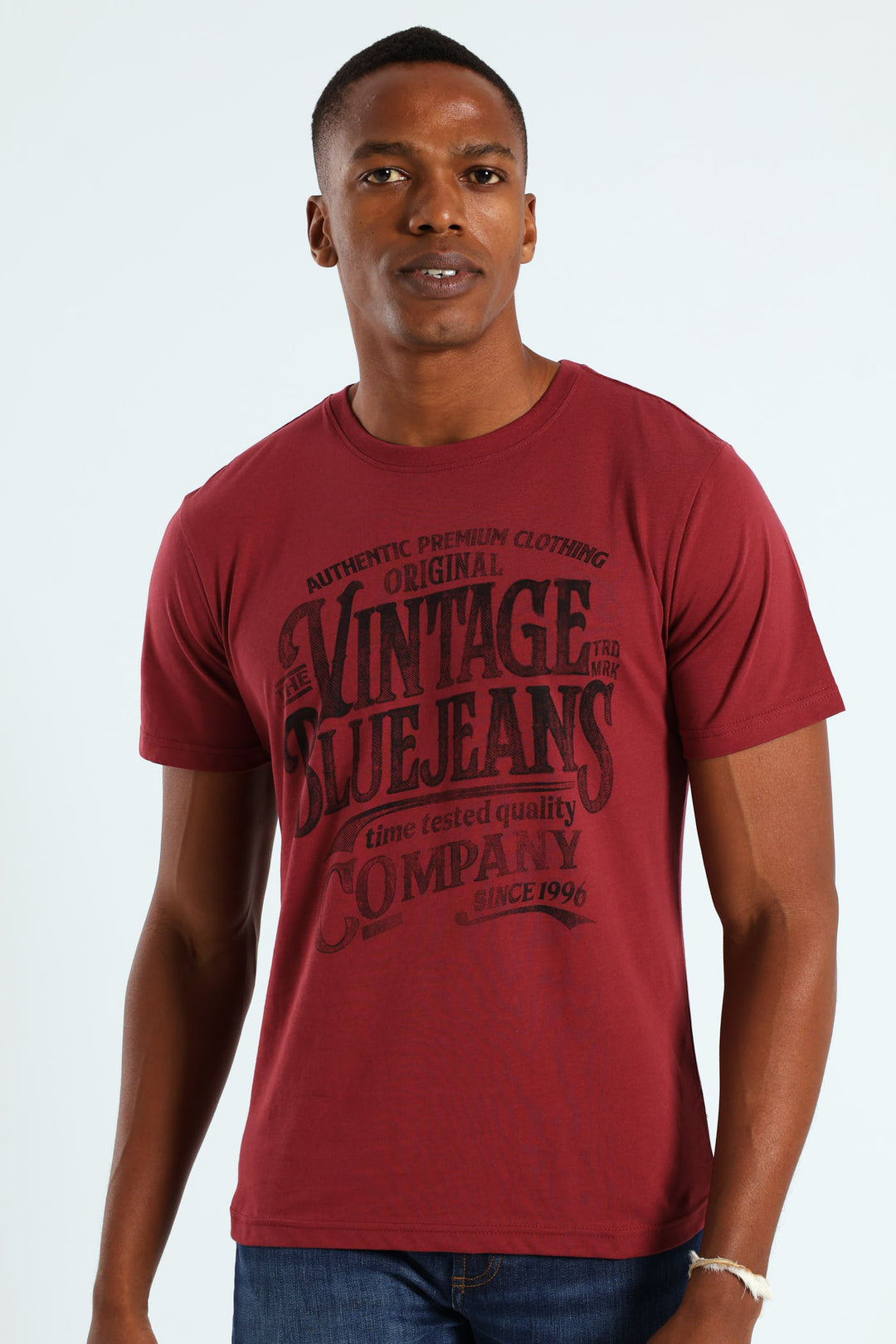 Vintage Blue Jeans Tee - Burgundy