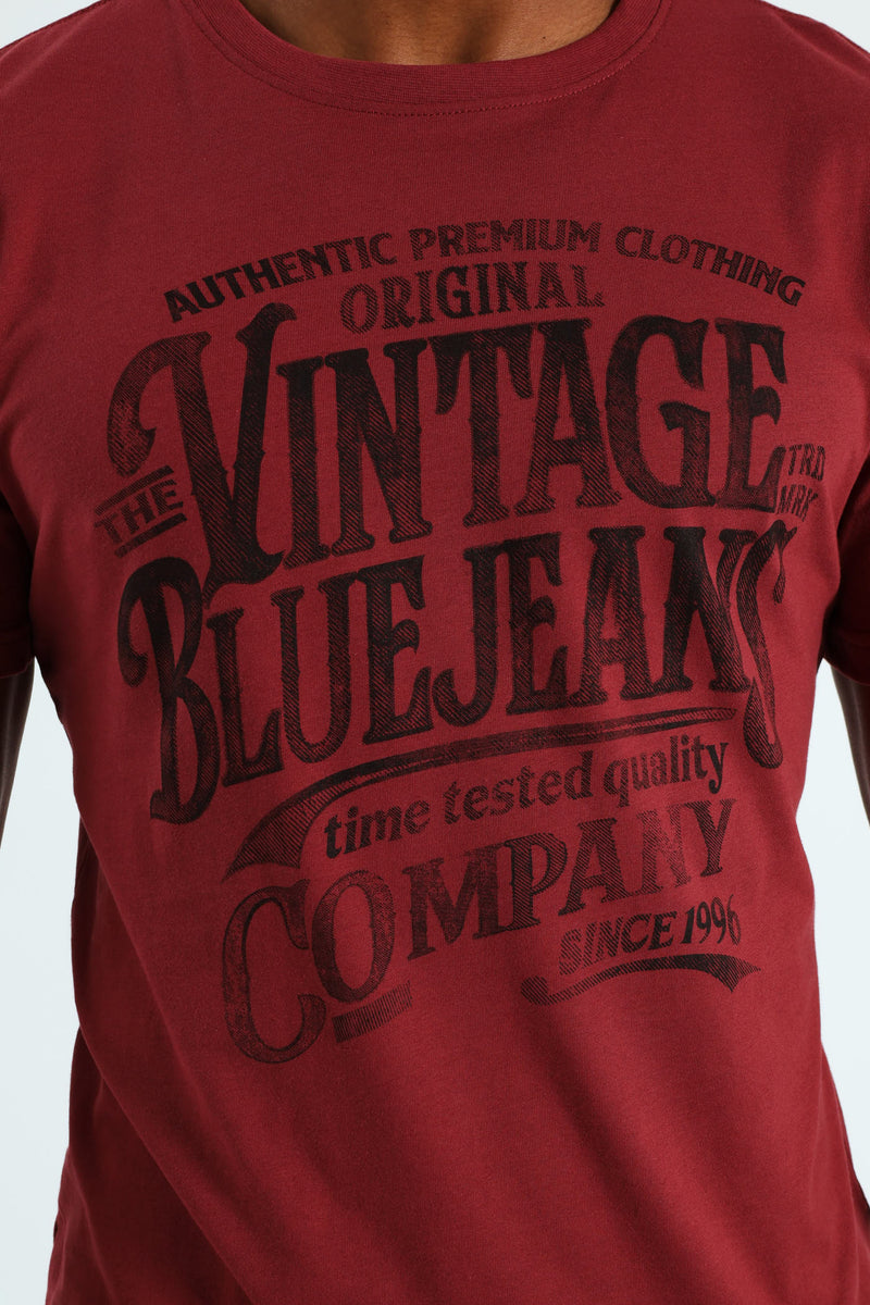 Vintage Blue Jeans Tee - Burgundy