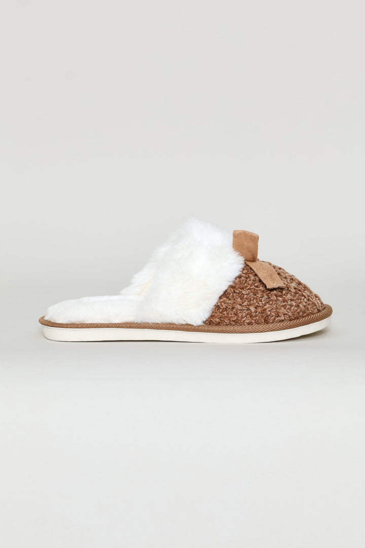 Fur & Bow Detail Chenille Closed Toe Slipper - Taupe