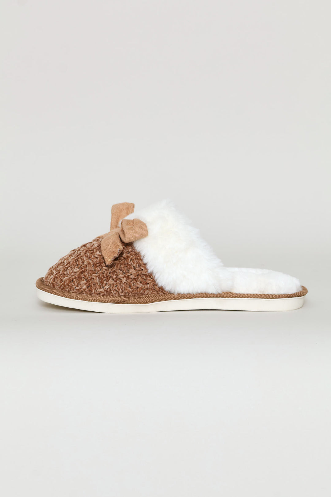 Fur & Bow Detail Chenille Closed Toe Slipper - Taupe