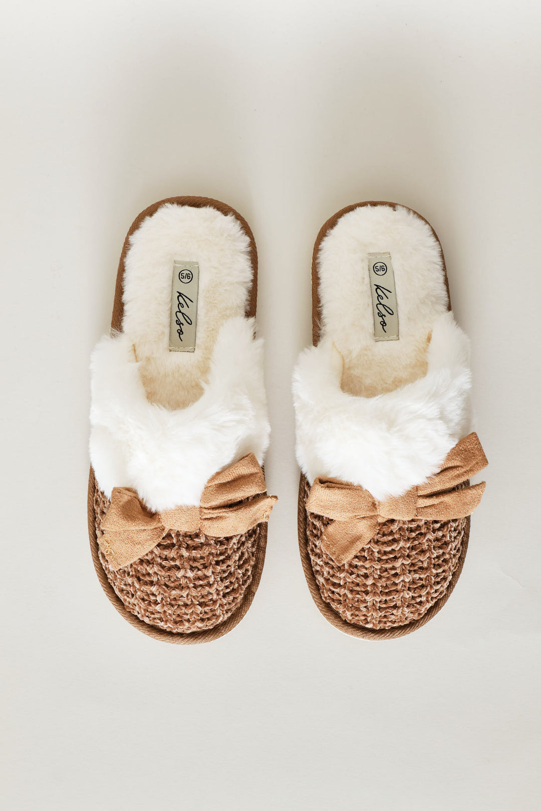 Fur & Bow Detail Chenille Closed Toe Slipper - Taupe