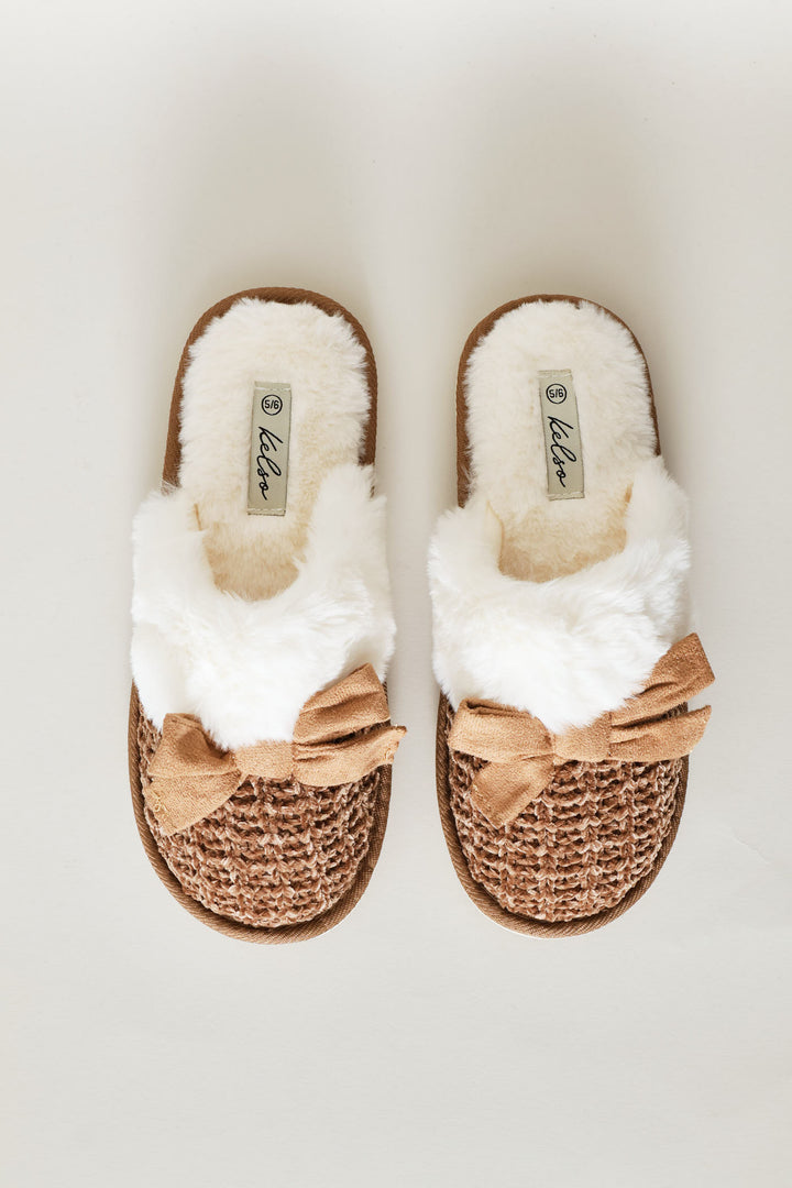 Fur & Bow Detail Chenille Closed Toe Slipper - Taupe