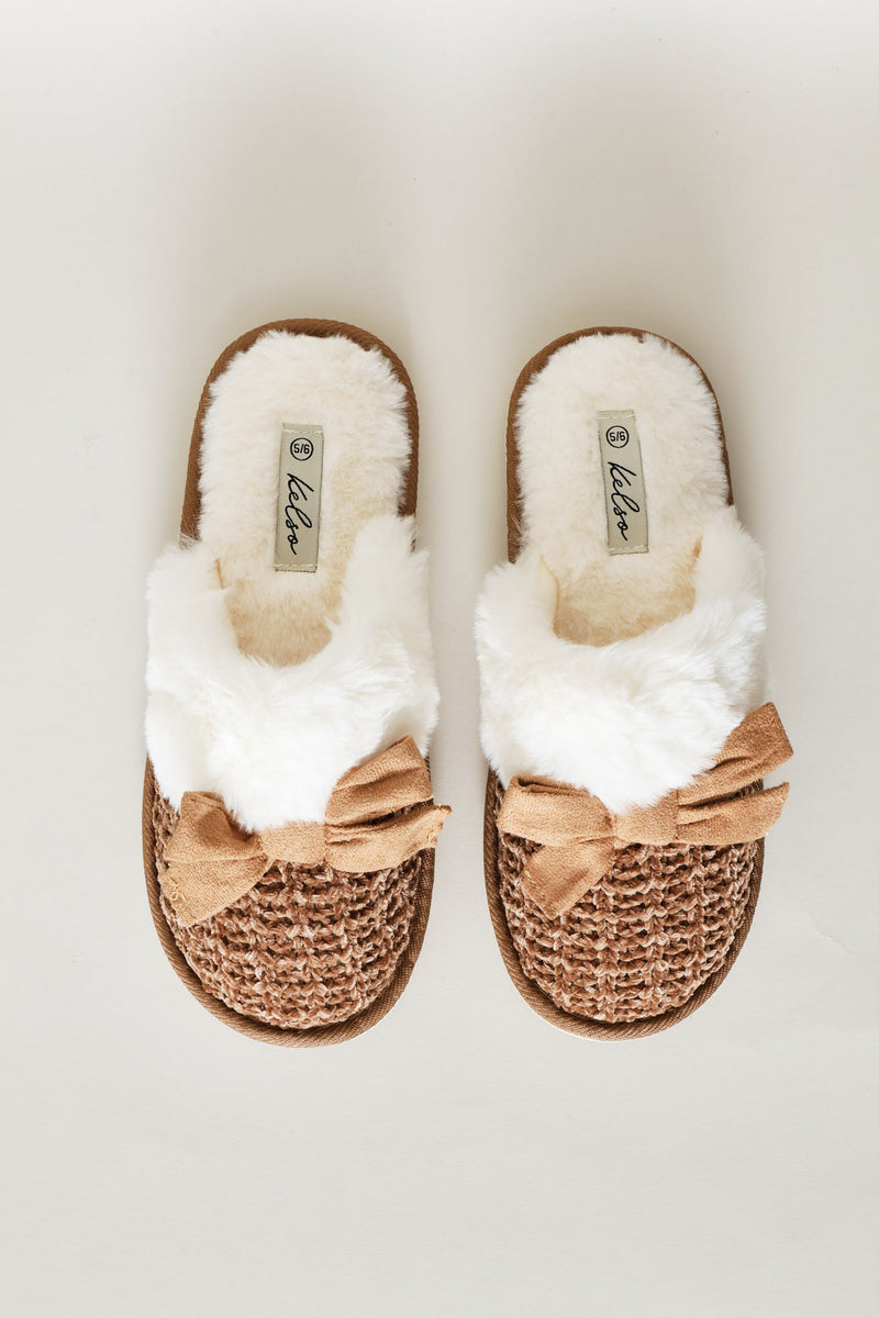 Fur & Bow Detail Chenille Closed Toe Slipper - Taupe