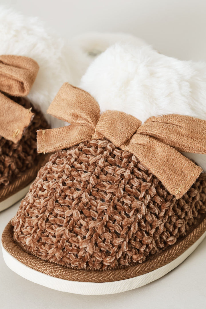 Fur & Bow Detail Chenille Closed Toe Slipper - Taupe
