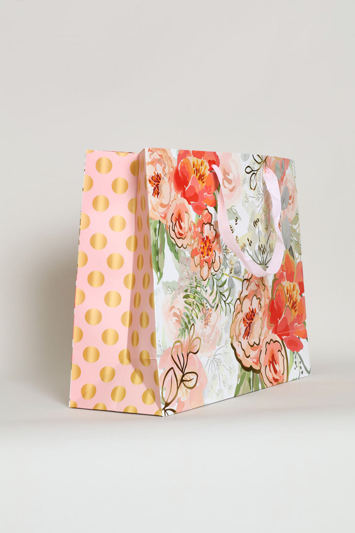 Large Dot Rose Gift Bag - Blue/Pink