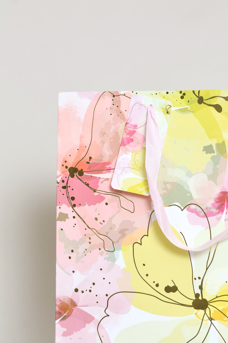 Gold Floral Watercolour Gift Bag - Light Pink