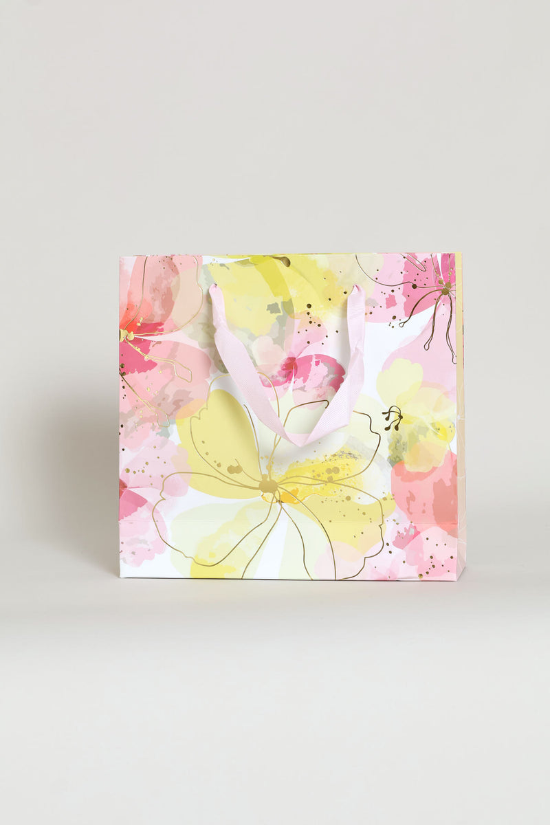 Gold Floral Watercolour Gift Bag - Light Pink