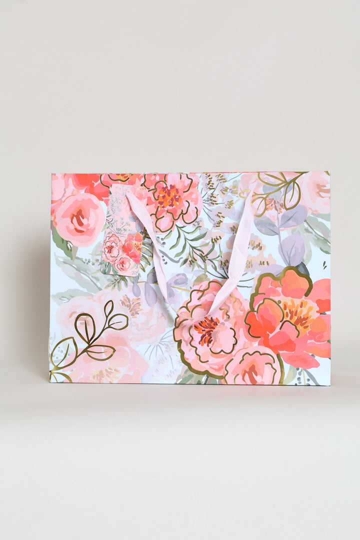 Medium Dot Rose Gift Bag - Blue/Pink