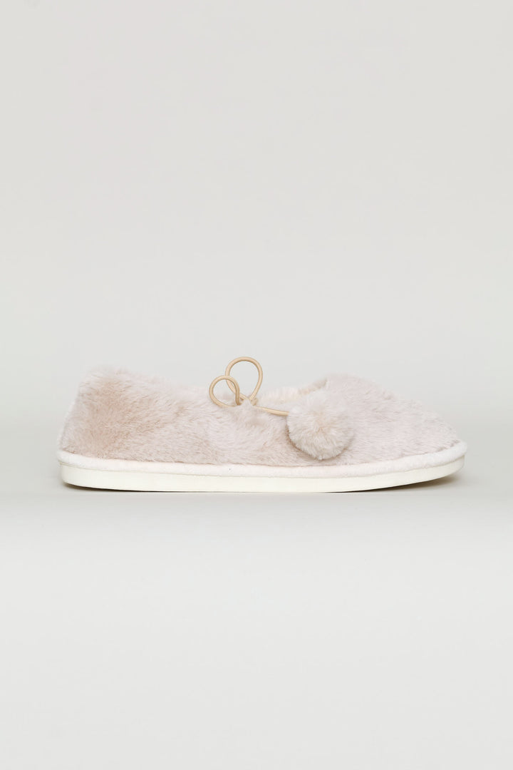 Pom Pom Furry Pump Slipper - Stone