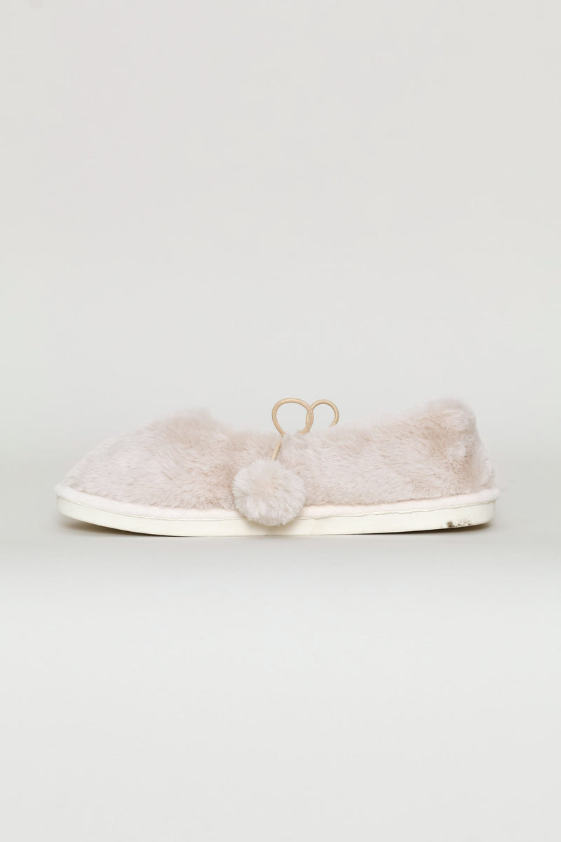 Pom Pom Furry Pump Slipper - Stone