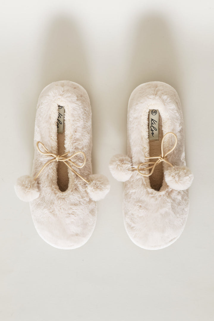 Pom Pom Furry Pump Slipper - Stone