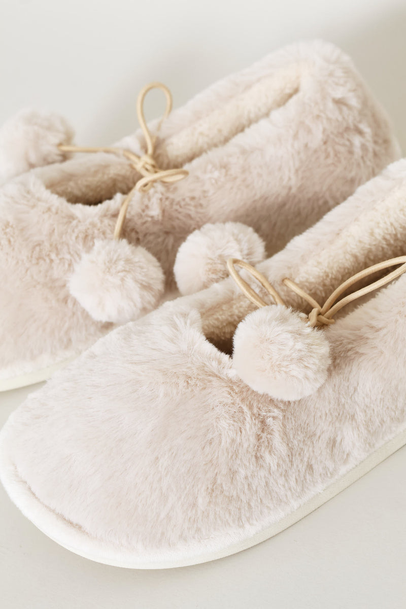 Pom Pom Furry Pump Slipper - Stone