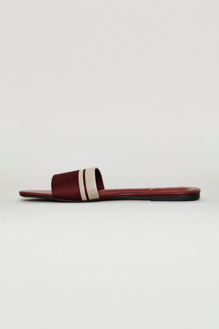 Ribbed Single Band Mule Sandal - Burgundy