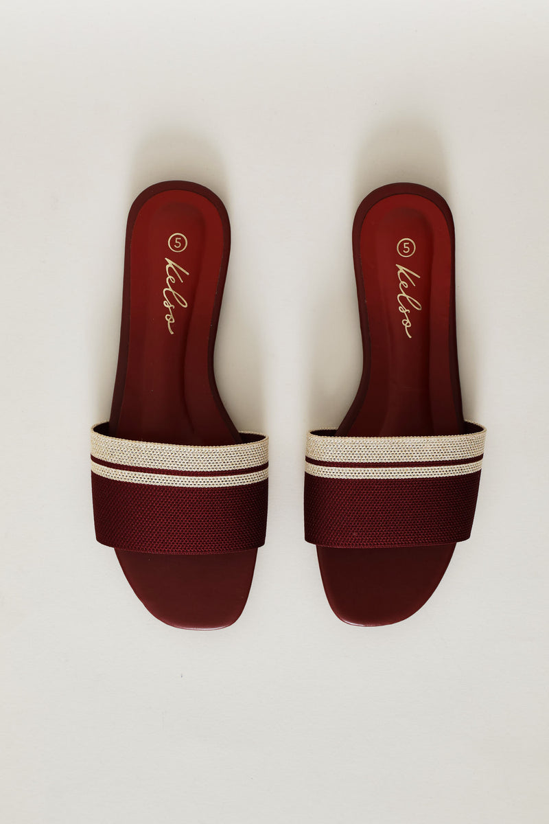 Ribbed Single Band Mule Sandal - Burgundy